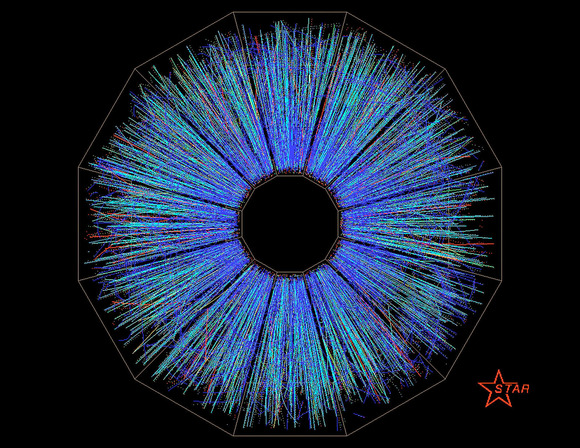 Computer image of the explosion of particle tracks from RHIC, with blue, green and red lines extending from a black circle in the middle