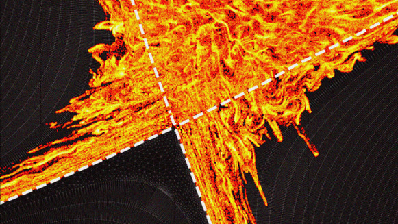 Simulation image showing long, thin lobes of fiery plasma stretching from the edge of the main plasma into the divertor area