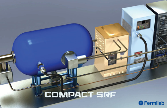 Diagram of a compact superconducting radiofrequency accelerator, which has a blue rounded cylinder attached to electrical boxes