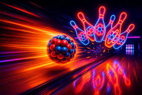 Illustration of a bowling ball made of atoms about to hit a set of bowling pins with atomic symbols in them