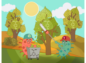 Cartoon of microbes using a chainsaw to take leaves off of a tree and put them in a rolling wagon
