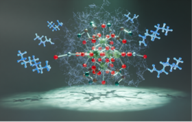 Illustration of a chemical structure of a nanosensor for detecting PFAS in water. It shows how it reacts to light.