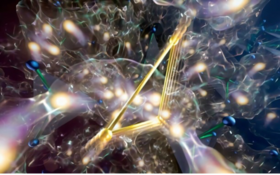 Artist's conception of lithium ions flowing through a vibrating bottleneck represented by a golden triangle