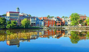 Buildings reflected in a lake