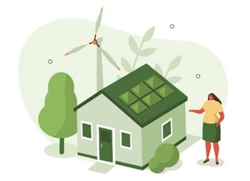 Illustration of person standing next to home