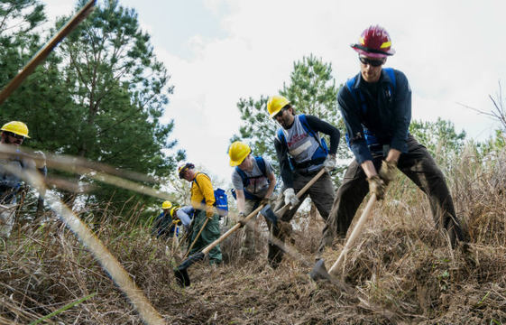 A group of people in firefighting gear use shovels and axes to dig a ditch. Photo by Bureau of Land Management.