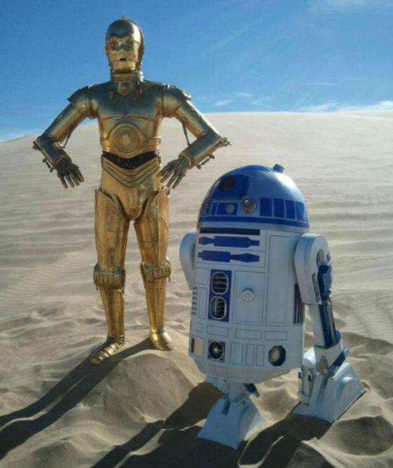 C3PO, a golden robot man, and R2D2, a small white and blue robot, stand on a sand dune.