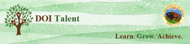 D-O-I Talent Logo (Full tree with branches in the shape of people with arms raised; green leaves), D-O-I Seal, Learn. Grow. Achieve.