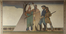 Themes of the Bureau of Indian Affairs: Indian and Soldier, Maynard Dixon, 1939.