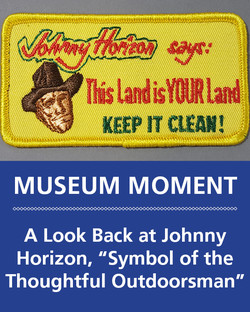 Image of yellow fabric patch with Johnny Horizon's head wearing brown hat. Text says, "Johnny Horizon says: This Land is YOUR Land KEEP IT CLEAN!"