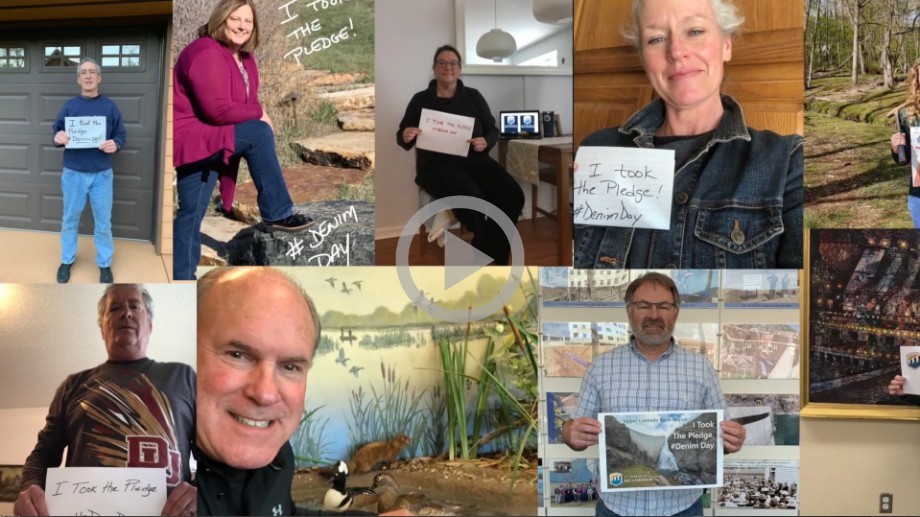 A montage of many people wearing jeans and holding up signs.