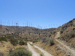 Wind turbines on a desert ridge.