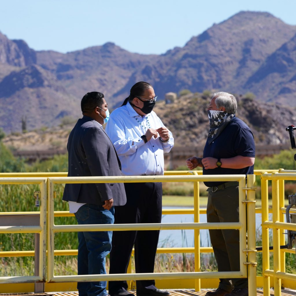 ecretary Bernhardt and Gila River Indian Community Governor Stephen Roe Lewis inspect a river restoration project.