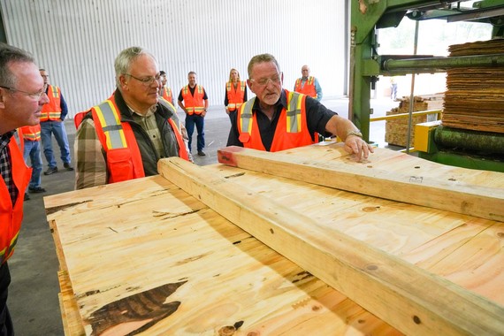 Secretary Bernhardt inspects plywood production at a timber manufacturing company in Western Oregon. 