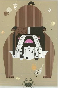 serigraph of black, brown, and white bulldog with pink tongue standing on a beach with a small crab