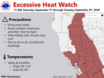 A graphic that says Excessive Heat Watch and has a map of areas affected in California.