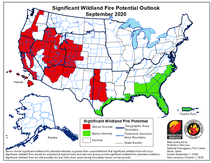 Map of the US showing the fire outlook in red.