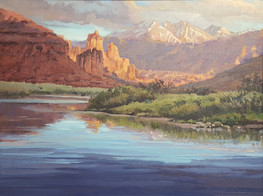 "Colorado River Canyon," acrylic on masonite painting by A.D. Shaw: river scene with sandstone spires and snow-capped mountains in the distance