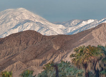 Tall mountains with snow in the background and shorter dry mountains in the foreground with palm trees in front.