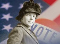 A black and white old photo of a woman wearing a hat in front of a american flag background.