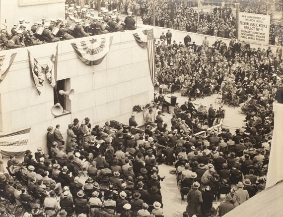 Black and white photograph taken April 16, 1936 showing the laying of the cornerstone ceremony for the new Interior Building in Washington, DC.