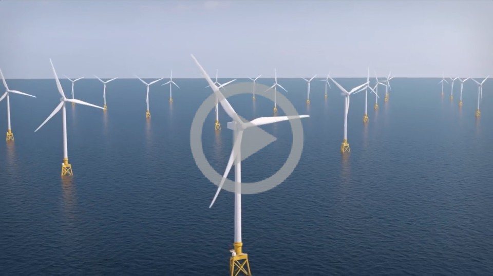 Offshore wind turbines with play button 