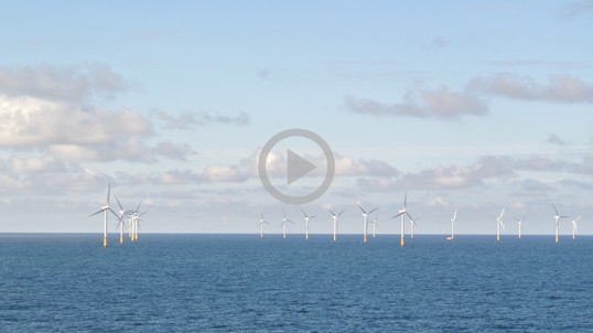 Wind turbines sit in the ocean