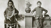 Black and white photos of Indian boarding school students.