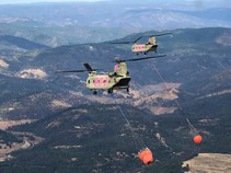 Helicopters flying in the air with water to put out wildfires.