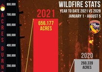 Wild Fire Graphic 2021_6,091 fires and 656,177 Acres vs 2020 - 5,444 fires 260,339 acres for Jan 1 to Aug 5_