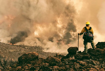 A firefighter looking at a fire from a hill.