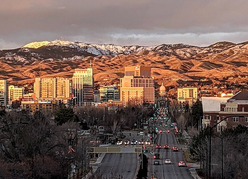 Snow-capped mountains in the background of the Boise skyline. 