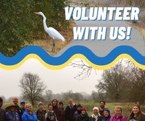 A graphic with a crane and volunteers that read: "volunteer with us".