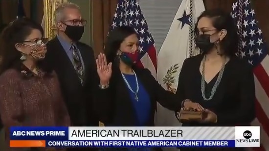 A screenshot from a video tv interview with the Secretary of Interior. The shot is of Secretary Deb Haaland's swearing in ceremony