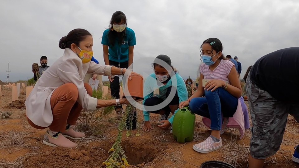 Secretary Haaland helps a group of children plant trees