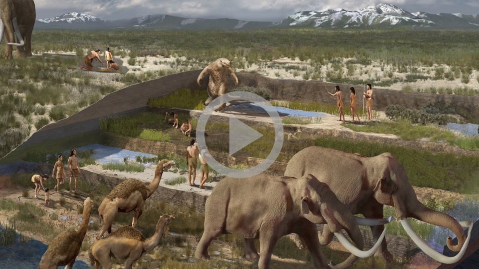 A prehistoric painting of extinct mammals and Indigenous peoples