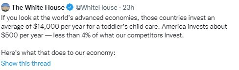 A screenshot of a tweet about how she knows what it’s like to struggle to make ends meet as a parent and that childcare should be affordable