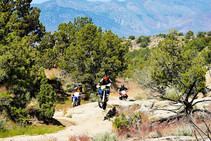 Dirt bike riders jumping some rocks.