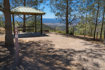 Camp site with covered picnic table and fire ring looking out to pine trees, and hilly terrain of Williams Hill. 