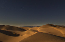 Star filled sky over desert dunes.