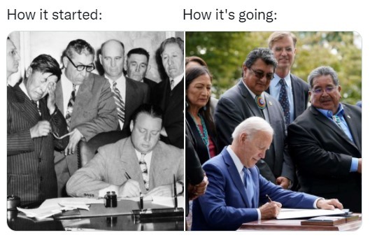 A side by side photo comparison. One photo is an old black and white photo and the other is of President Biden signing legislation.