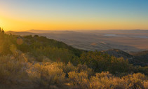 Carrizo Plaine's Soda Lake in the distance at sunset with an expansive valley landscape with small brush in the foreground. 