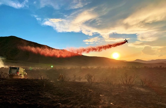 Firefighters watch a retardant drop on the Peavine Fire in Nevada at sunrise. Photo by Sarah McNeil, BLM.