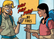 A cartoon of two people standing next to a sign that reads No Fires.