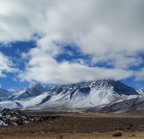 A snowy mountain range.