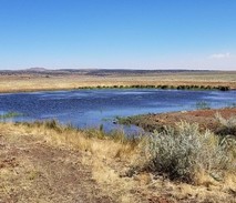 A water reservoir in a grassy field.