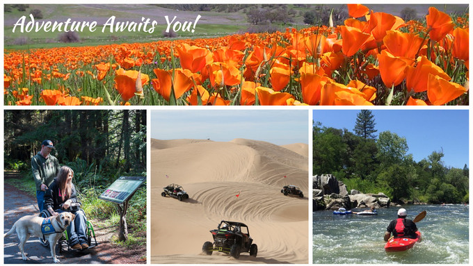 A collage of photos, orange poppies, a man pushing a woman in a wheelchair, off road vehicles on dunes, and a person kayaking down a river.