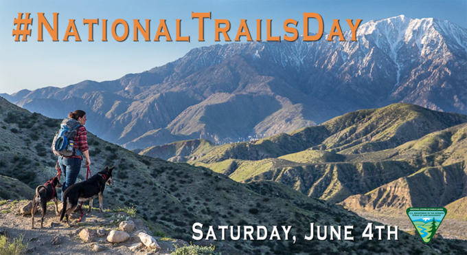 A person looking out over a valley with the text "National Trails Day Saturday, June 4th"