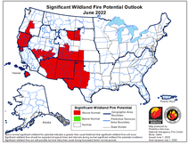 A map of the USA with areas in red where significant wildland fire potential is expected.