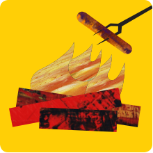 A graphic of a campfire and a hot dog.